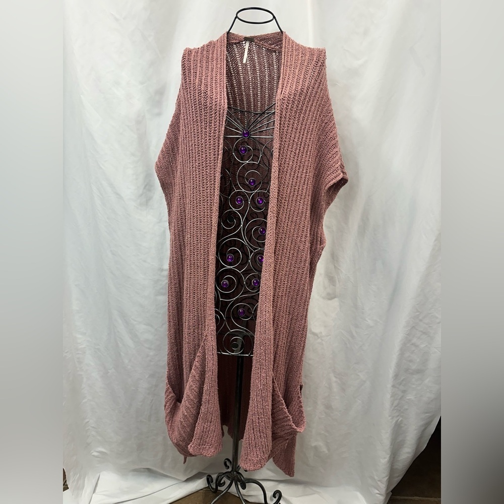 free people pink mauve open knit longline sleeveless cardigan size L